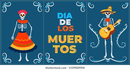 Day of the dead party. Dea de los muertos cards. Painted skeletons play musical instruments and dance.