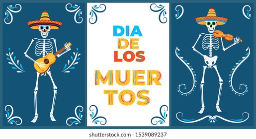 Day of the dead party. Dea de los muertos cards. Painted skeletons play on spanish guitar and violin