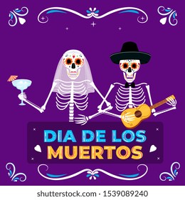 Day the dead party  Dea de los muertos banner  Painted skeletons fiancee   groom
