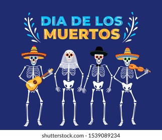 Day of the dead party. Dia de los muertos banner. Painted skeletons play musical instruments