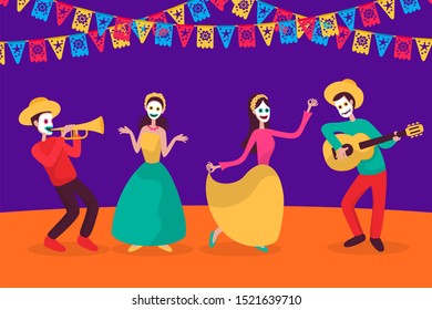 Day of the Dead Party Flat Design Illustration Background, day of the dead carnival, mexican carnival
