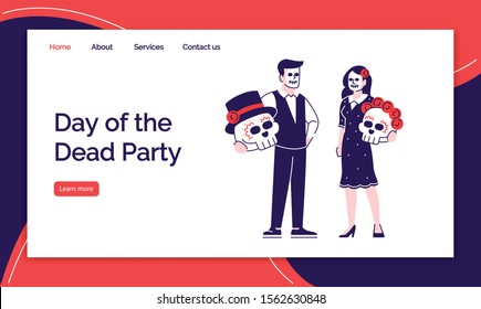 Day of the dead party landing page vector template. Dia De Los Muertos clothes website interface idea, flat illustrations. Halloween make up homepage layout. Skeleton suits webpage cartoon concept