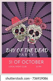 Day of the dead party poster template with two sugar skulls vector illustration Mexican celebration