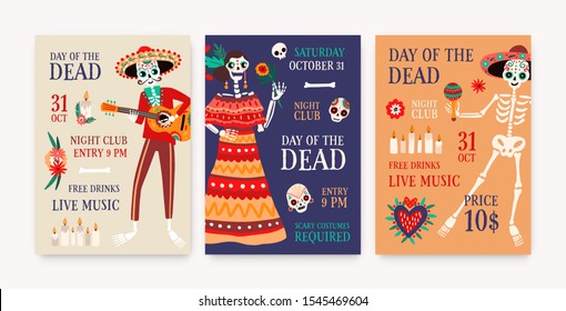 Day of dead party posters templates set. Katrina symbol in national costume. Cartoon human skeletons with sombrero, guitar and maraca shakers. Traditional festival. Mexican carnival invitation cards.