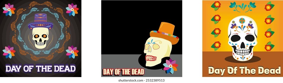 Dia da festa morta, caveira ou feriado de Halloween. Flores e sombrero em fundo claro. Crânio humano pintado para o Dia Mexicano dos Mortos El Dia de Muertos. Definir ilustração moderna de vetor plano