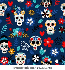 Day of the dead pattern. Dia de los muertos mexican festival seamless color pattern with dead colors sugar skulls, flowers and hearts decoration colorful vector background