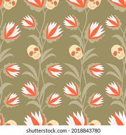 Day of the dead pattern with garlands of flowers and skulls on a green background