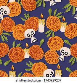 Day of the dead pattern. Mexican holiday design. Floral background. Marigold flowers vector. Mexican print design