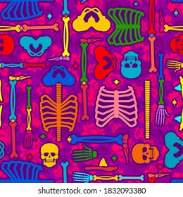 Day of the Dead pattern seamless. Multicolored Skull and skeleton ornament. Dia de Muertos background. 