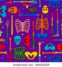 Day of the Dead pattern seamless. Multicolored Skull and skeleton ornament. Dia de Muertos background. 