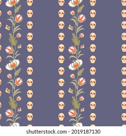 Day of the dead pattern with vertical garlands of flowers, birds and skulls. Vector decorative illustration