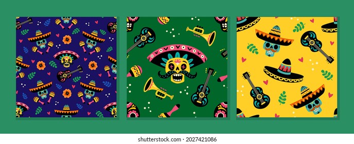 Day of the Dead patterns collection. Seamless vector patterns with traditional Mexican mariachi sugar skulls, sombrero, flowers and musical instruments on dark blue, green and yellow backgrounds.