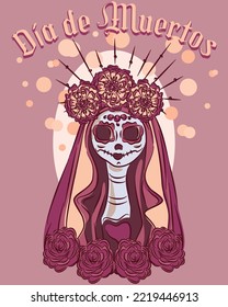 Retrato del Día de los Muertos. Retrato de Dia de Muertos de Calavera Catrina. Antecedentes, tarjeta, pancartas en medios sociales, pegatinas. Vector