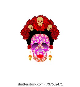 day of the dead, portrait of Mexican Catrina with skulls and red flowers , inspiration Santa Muerte in Mexico and la Calavera , vector illustration isolated or black background 