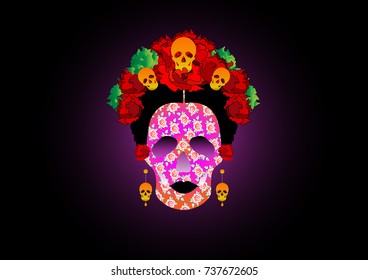 day of the dead, portrait of Mexican Catrina with skulls and red flowers , inspiration Santa Muerte in Mexico and la Calavera , vector illustration isolated or black background