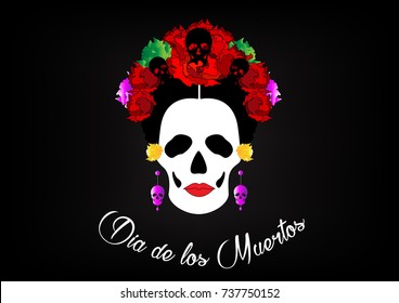 day of the dead, portrait of Mexican Catrina with skulls and red flowers , inspiration Santa Muerte in Mexico and la Calavera , vector illustration isolated or black background