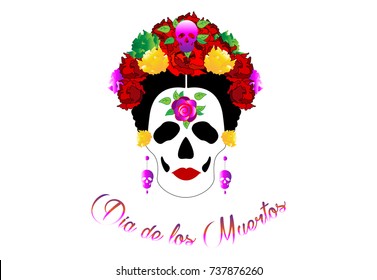 day of the dead, portrait of Mexican Catrina with skulls and red flowers , inspiration Santa Muerte in Mexico and la Calavera , vector illustration isolated