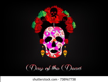 day of the dead, portrait of Mexican Catrina with skulls and red flowers , inspiration Santa Muerte in Mexico and la Calavera , vector illustration isolated or black background