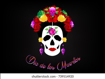 day of the dead, portrait of Mexican Catrina with skulls and red flowers , inspiration Santa Muerte in Mexico and la Calavera , vector illustration isolated