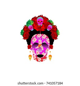 day of the dead, portrait of Mexican Catrina with skulls and red flowers , inspiration Santa Muerte in Mexico and la Calavera , vector illustration isolated