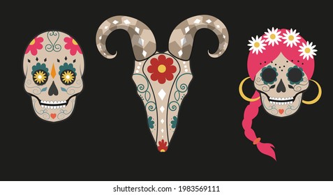 Day of the Dead, postcard design with skulls in national patterns. Vector drawings in a flat style. A collection of three skulls decorated with patterns on a dark background