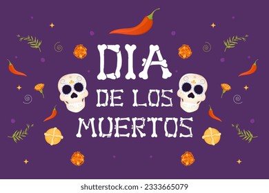 Day of the dead postcard. skull and flor de muerto