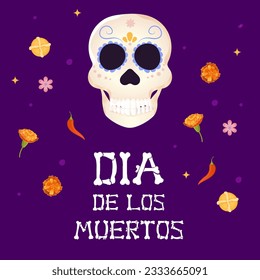 Day of the dead postcard. skull and flor de muerto