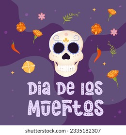 Day of the dead postcard. skull and flor de muerto