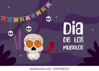 Day of the dead postcard. skull and flor de muerto