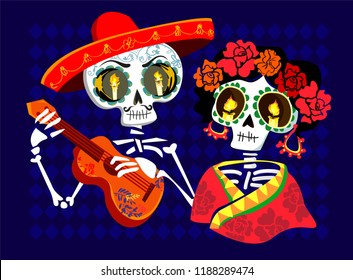 Day of the dead Postcard vector illustration. Mexican Dia de los Muertos. 