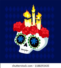 Day of the dead Postcard vector illustration. Mexican Dia de los Muertos. Skull with candles and roses. 