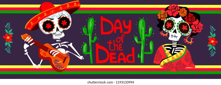 Day of the dead Postcard vector illustration. Mexican Dia de los Muertos. 