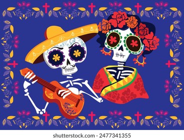 Day of the dead Postcard vector illustration. Mexican Dia de los Muertos. 