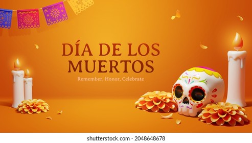 Day Of The Dead Poster. 3d Illustration Of Dia De Los Muertos Card With A Sugar Skull, Burning Candles, Flowers And Flags On Orange Background