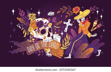 Day of the Dead. Poster concept for celebrating the Mexican holiday Dia de los muertos.  Dancing skeleton  in traditional  costume, skull decorated flowers. Vector illustration.