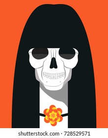 Day of the Dead poster concept. Sugar skull with flower icon. Flat colorful style. Catrina head. Design idea for traditional Mexican holiday 'Dia de los Muertos' in Spanish. Fest party background