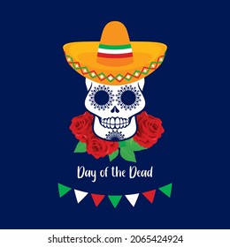 Day of the Dead Poster with decorative sugar skull vector. Mexican decorative sugar skull with sombrero hat and red roses icon vector. Mexican holiday. Important day