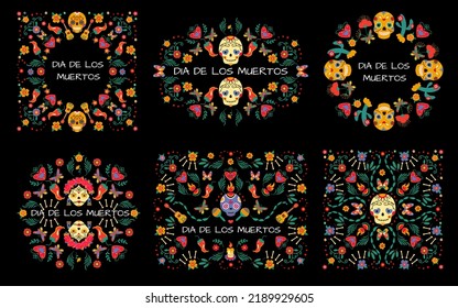 Day of dead poster with festive human skeleton in mexico poncho. Celebration festival invitation, party skull and halloween pumpkin nowaday vector background