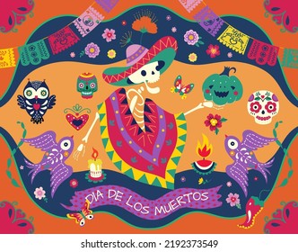 Day of dead poster with festive human skeleton in mexico poncho. Celebration festival invitation, party skull and halloween pumpkin nowaday vector background