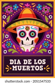 Day of the dead poster. Holiday mexican banner, sugar skull in sombrero with traditional decor, bright flowers and leaves ornament, family party, death carnival, vector illustration