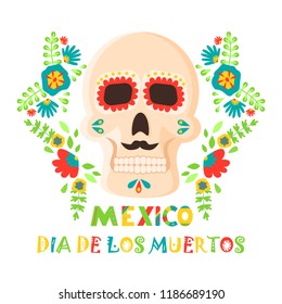 Day of the dead poster, Mexican dia de los muertos sugar skull holiday vector illustration. Mexico party skeleton traditional festival. Spooky halloween poster.