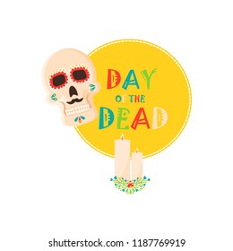 Day of the dead poster, Mexican dia de los muertos sugar skull holiday vector illustration. Mexico party skeleton traditional festival. Spooky halloween poster.