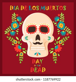 Day of the dead poster, Mexican dia de los muertos sugar skull holiday vector illustration. Mexico party skeleton traditional festival. Spooky halloween poster.