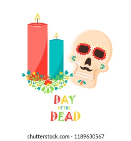 Day of the dead poster, Mexican dia de los muertos sugar skull holiday vector illustration. Mexico party skeleton traditional festival. Spooky halloween poster.