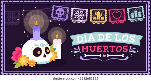 Day of dead poster. Mexican festival banner with sugar skull, flowers and candles. Decoration halloween party flyer, mexico racy vector background