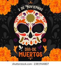 Afiche del Día de los Muertos, feriados mexicanos, flores de cempasuchil, calavera y diseño mexicano de patrones