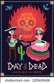 Day of the Dead poster with a Mexican man and a girl skeletons playing and dancing at a party. Vector illustration