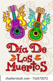 Day of the dead poster, mexican style, guitars on background. Logo, art for print, posters, vector illustration.