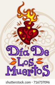 Day of the dead poster, mexican style, fiery heart on background. Logo, art for print, posters, vector illustration.