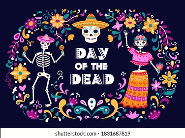 Day of dead poster. Mexican sugar skulls, death woman man dancing skeletons. Colored flowers decorations, mexico latin party vector flyer